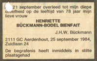 Overlijdensbericht H. Buckmann-Bodel Bienfait (1984)